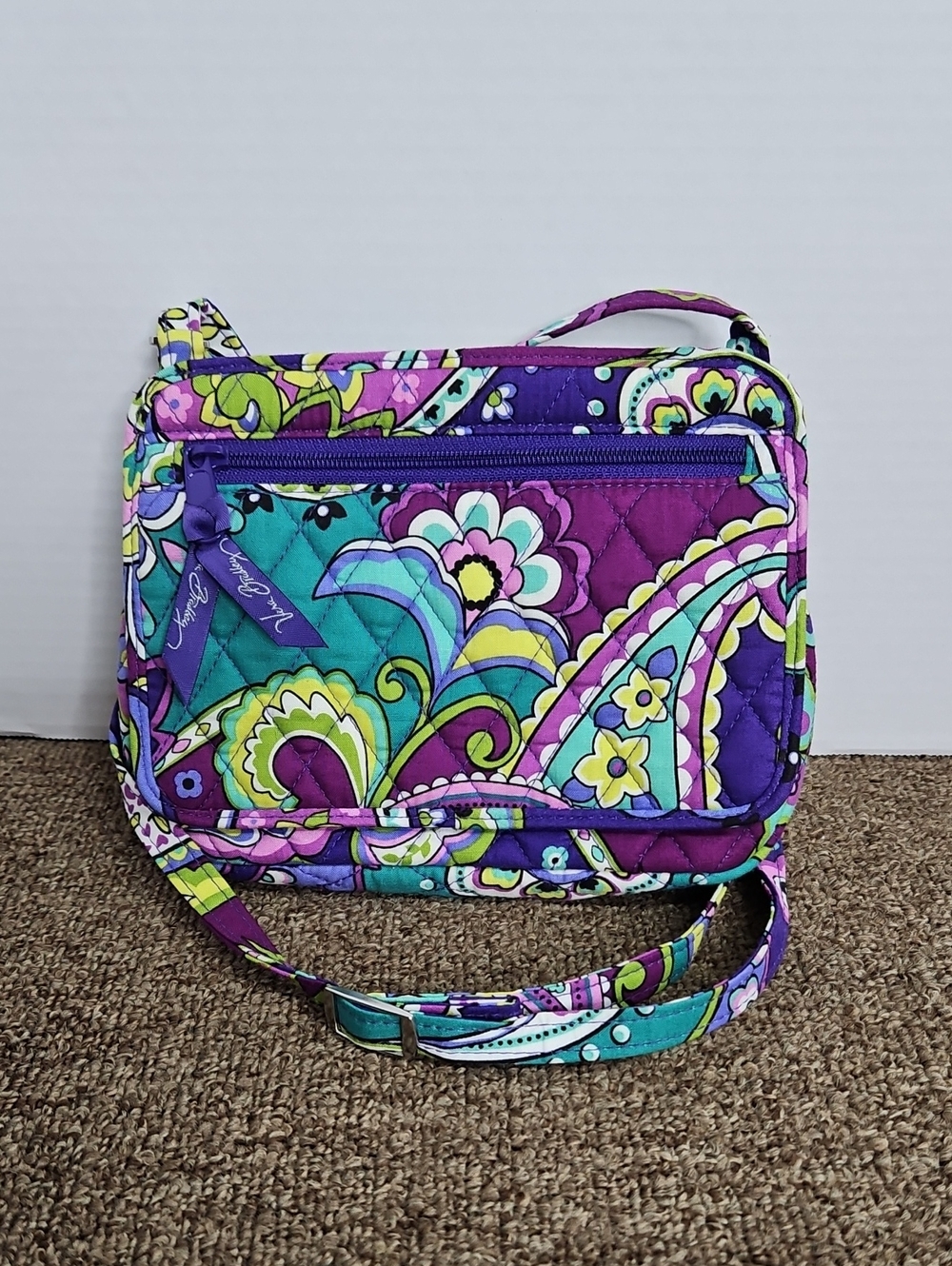 Vera Bradley Mini Heather Purple Teal Floral Paisley Quilted Crossbody Bag 8"x7" - Picture 5 of 5